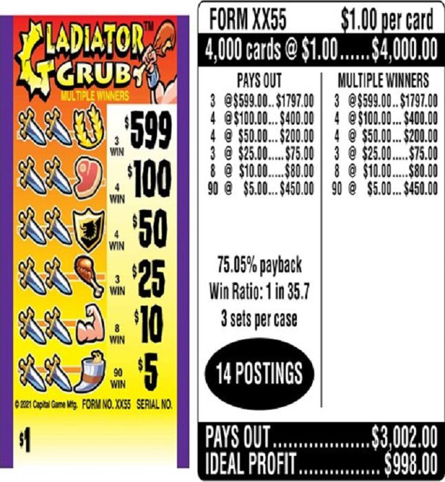 $599 TOP ($5 Bottom) – Form # XX55 Gladiator Grub $1.00 Instant Ticket (3-Window)
