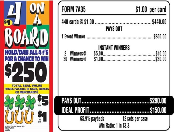 $1.00 Bingo EVENT Ticket – $250 TOP – Form # 7A35 4 On A Board