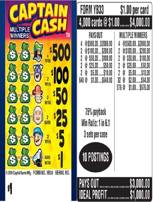 $500 TOP ($1 Bottom) – Form # YB33 Captain Cash (3-Window)
