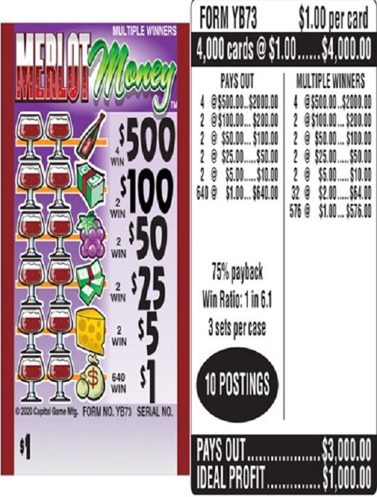 $500 TOP ($1 Bottom) – Form # YB73 Merlot Money (3-Window)