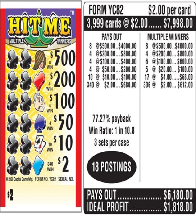 $2.00 Instant Ticket – $500 TOP ($2 Bottom) – Form # YC82 Hit Me (3-Window)