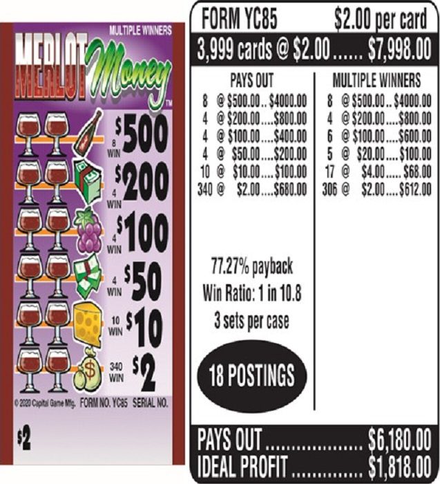 $2.00 Instant Ticket – $500 TOP ($2 Bottom) – Form # YC85 Merlot Money (3-Window)