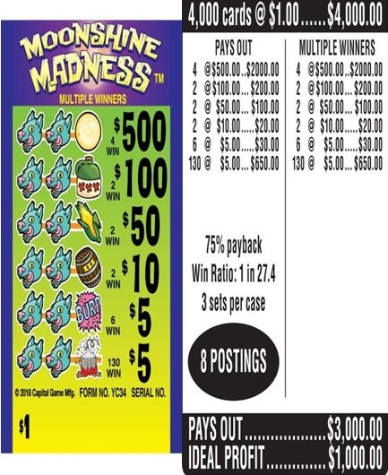 $500 TOP ($5 Bottom) – Form # YC34 Moonshine Madness (3-Window)