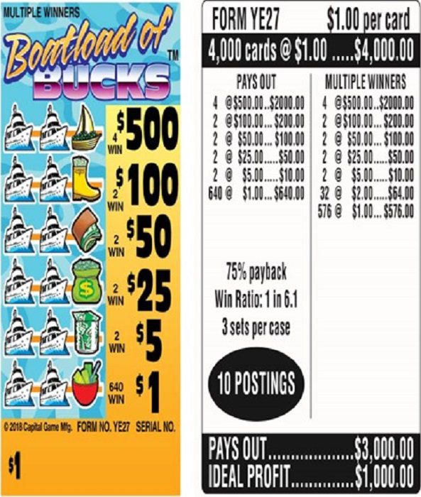 $500 TOP ($1 Bottom) – Form # YE27 Boatload Of Bucks (3-Window)