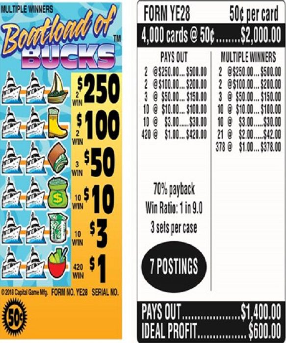 $250 TOP ($1 Bottom) – Form # YE28 Boatload Of Bucks (3-Window)