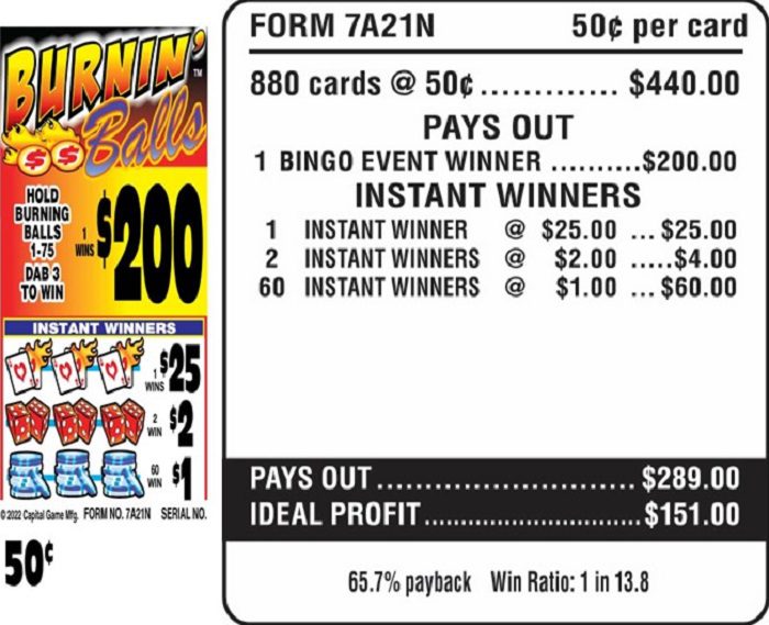 $200 TOP – Form # 7A21N Burnin Balls $0.50 Bingo Event Ticket