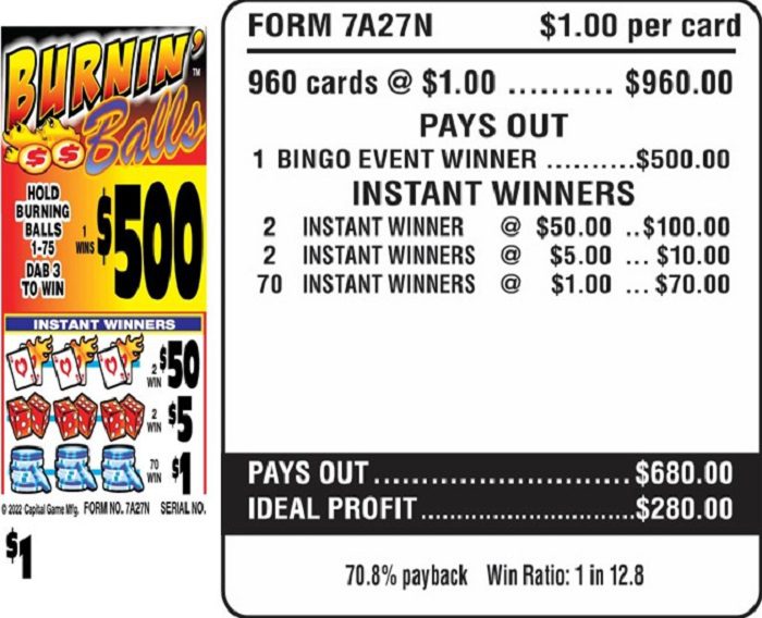 $500 TOP – Form # 7A27N Burnin Balls $1.00 Bingo Event Ticket