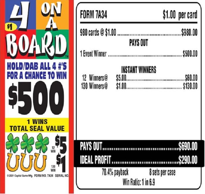 $1.00 Bingo EVENT Ticket – $500 TOP – Form # 7A34 4 On A Board
