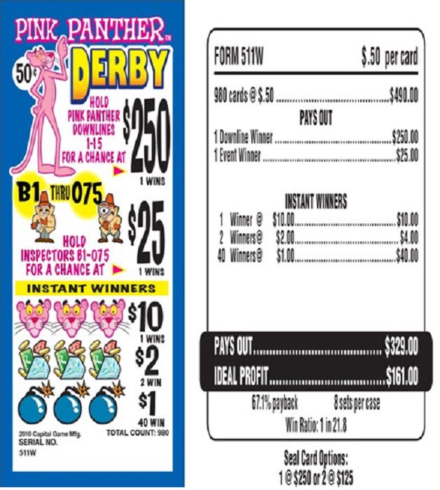 $0.50 Bingo EVENT Ticket – $250 TOP – Form # 511W Pink Panther Derby
