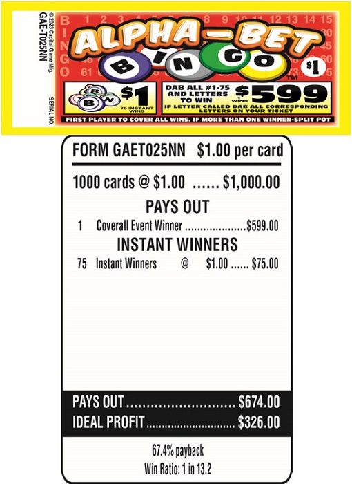 $1.00 Bingo EVENT Ticket – $599 TOP – Form # GAE-T025NN Alpha-Bet Bingo