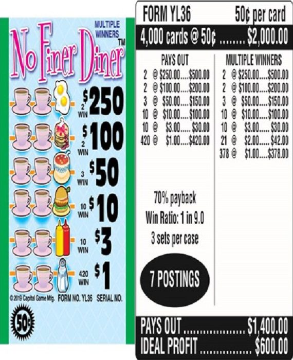 $0.50 Instant Ticket – $250 TOP – Form # YL36 No Finer Diner (3-Window)