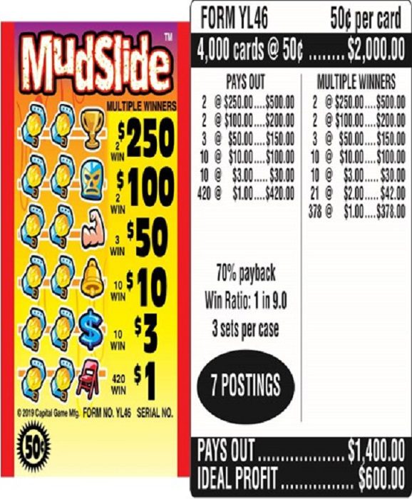 $0.50 Instant Ticket – $250 TOP – Form # YL46 Mudslide (3-Window)