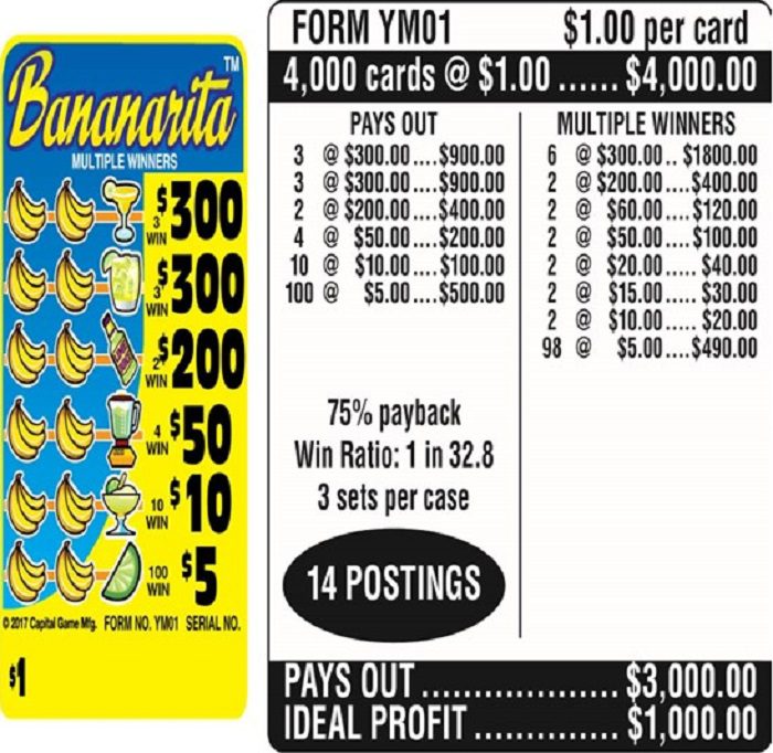 $1.00 Instant Ticket – $300 TOP ($5 Bottom) – Form # YM01 Bananarita (3-Window)