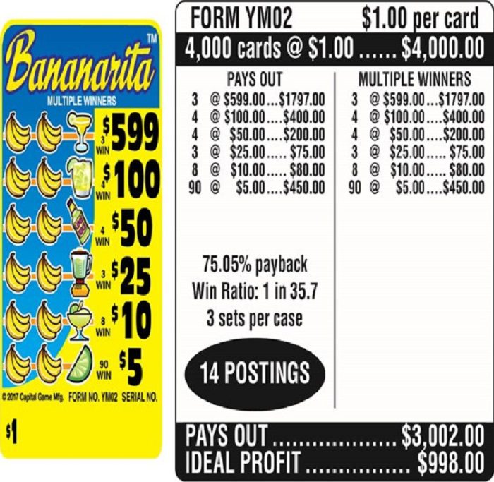 $1.00 Instant Ticket – $599 TOP ($5 Bottom) – Form # YM02 Bananarita (3-Window)