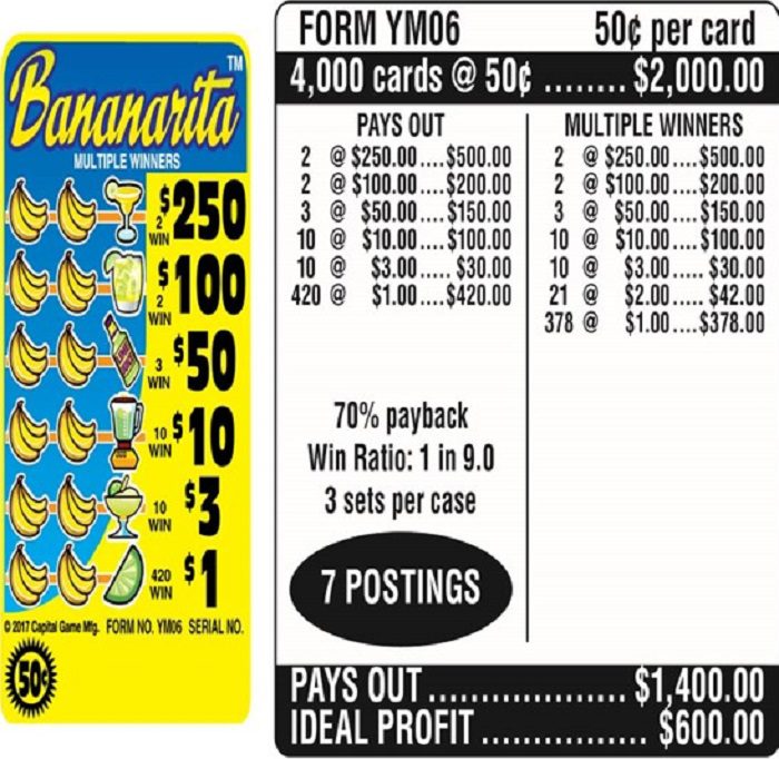 $0.50 Ticket – $250 TOP ($1 Bottom) – Form # YM06 Bananarita (3-Window)