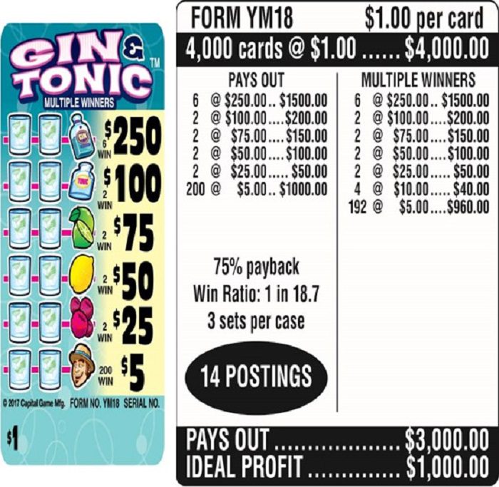 $1.00 Instant Ticket – $250 TOP ($1 Bottom) – Form # YM18 Gin & Tonic (3-Window)