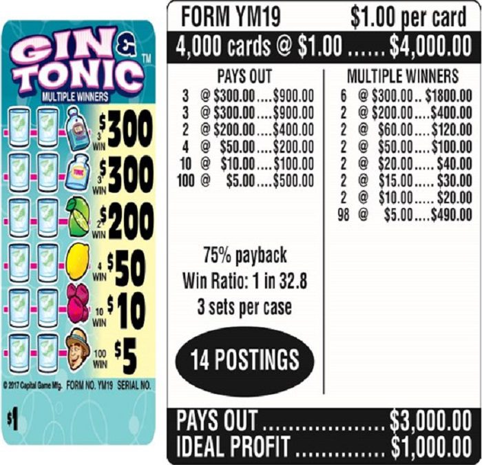 $1.00 Instant Ticket – $300 TOP ($5 Bottom) – Form # YM19 Gin & Tonic (3-Window)