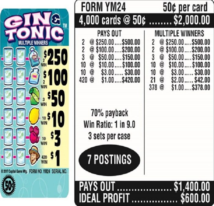 $0.50 Instant Ticket – $250 TOP ($1 Bottom) – Form # YM24 Gin & Tonic (3-Window)