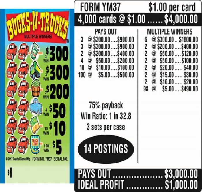 $1.00 Instant Ticket – $300 TOP ($5 Bottom) – Form # YM37 Bucks-N-Trucks (3-Window)