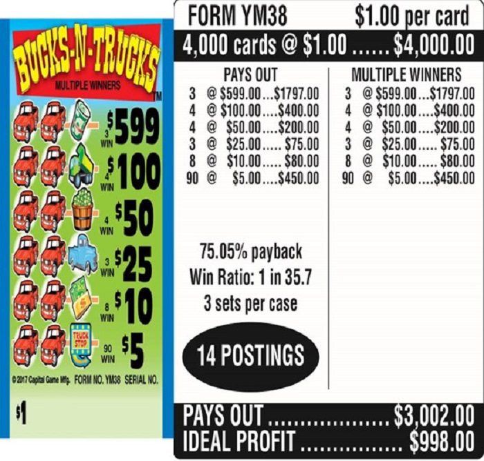 $1.00 Instant Ticket – $599 TOP ($5 Bottom) – Form # YM38 Bucks-N-Trucks (3-Window)