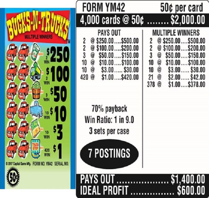 $0.50 Instant Ticket – $250 TOP ($1 Bottom) – Form # YM42 Bucks-N-Trucks (3-Window)