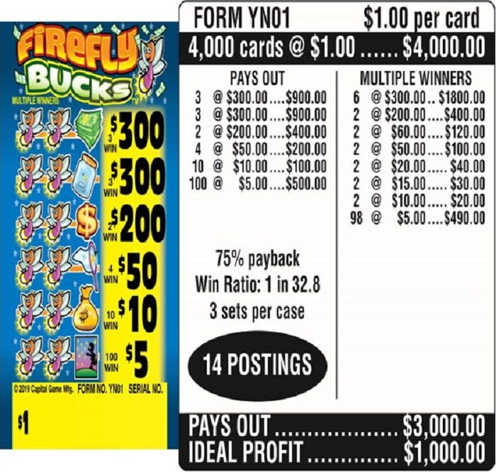 $1.00 Instant Ticket – $300 TOP ($5 Bottom) – Form # YN01 Firefly Bucks (3-Window)