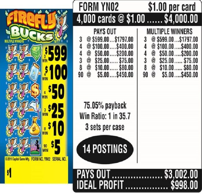 $1.00 Instant Ticket – $599 TOP ($5 Bottom) – Form # YN02 Firefly Bucks (3-Window)