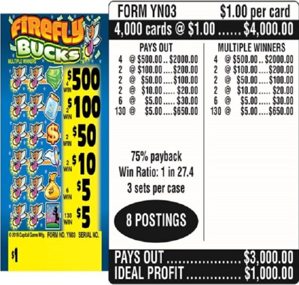 $1.00 Instant Ticket - $500 TOP ($5 Bottom) - Form # YN03 Firefly Bucks (3-Window)