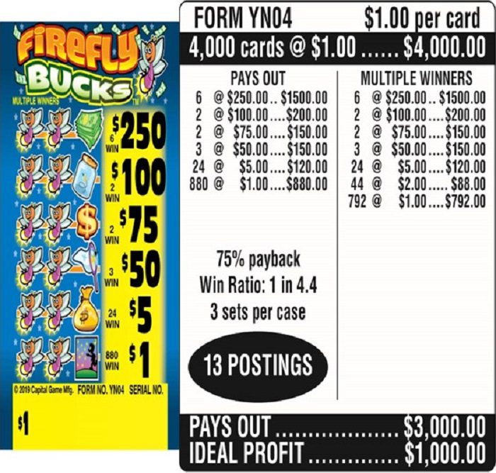 $1.00 Instant Ticket – $250 TOP ($1 Bottom) – Form # YN04 Firefly Bucks (3-Window)
