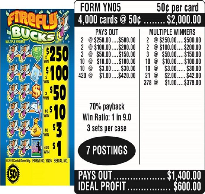 $0.50 Instant Ticket – $250 TOP – Form # YN05 Firefly Bucks (3-Window)
