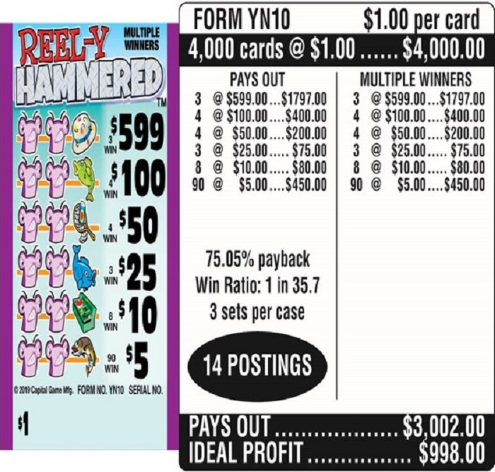 $1.00 Instant Ticket – $599 TOP ($5 Bottom) – Form # YN10 Reel-Y Hammered (3-Window)