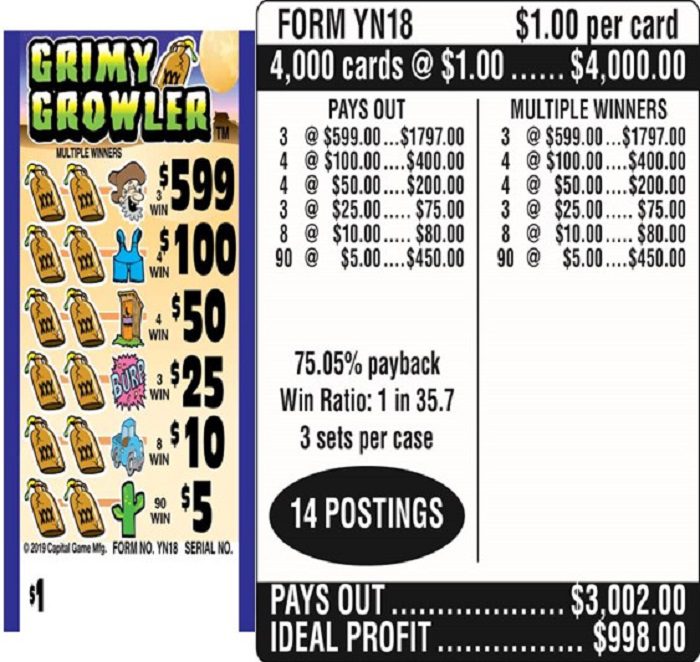 $1.00 Instant Ticket – $599 TOP ($5 Bottom) – Form # YN18 Grimy Growler (3-Window)