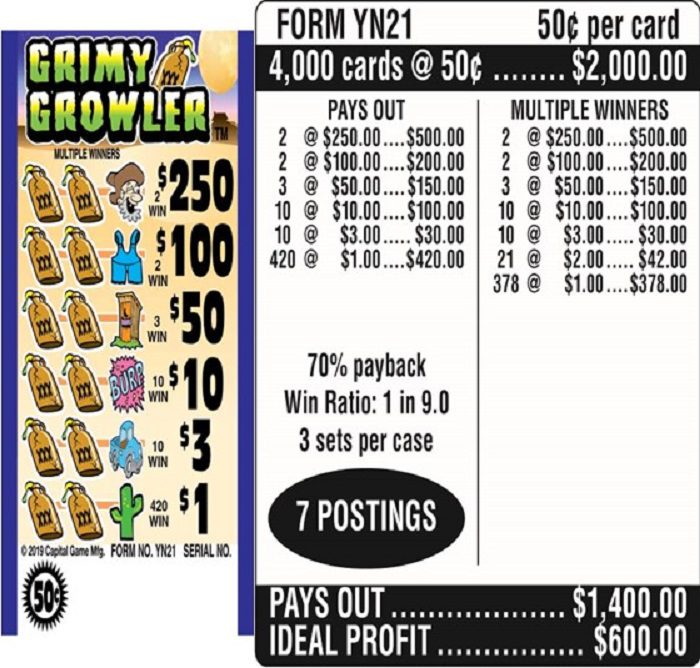 $0.50 Instant Ticket – $250 TOP – Form # YN21 Grimy Growler (3-Window)