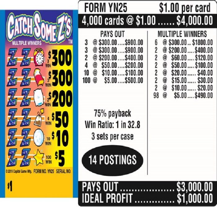 $1.00 Instant Ticket – $300 TOP ($5 Bottom) – Form # YN25 Catch Some Z’s (3-Window)