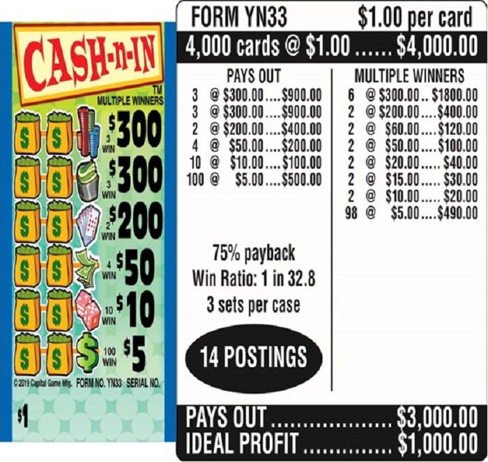 $1.00 Instant Ticket – $300 TOP ($5 Bottom) – Form # YN33 Cash-N-In (3-Window)