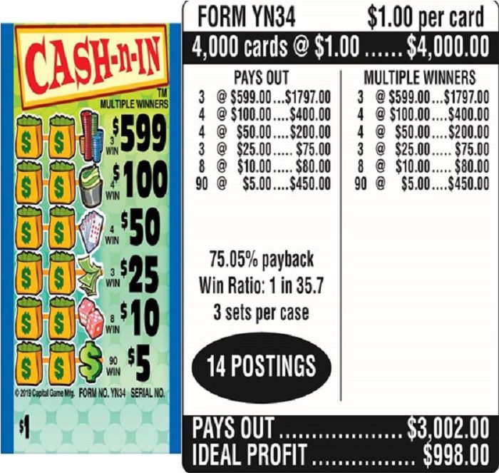 $1.00 Instant Ticket – $599 TOP ($5 Bottom) – Form # YN34 Cash-N-In (3-Window)