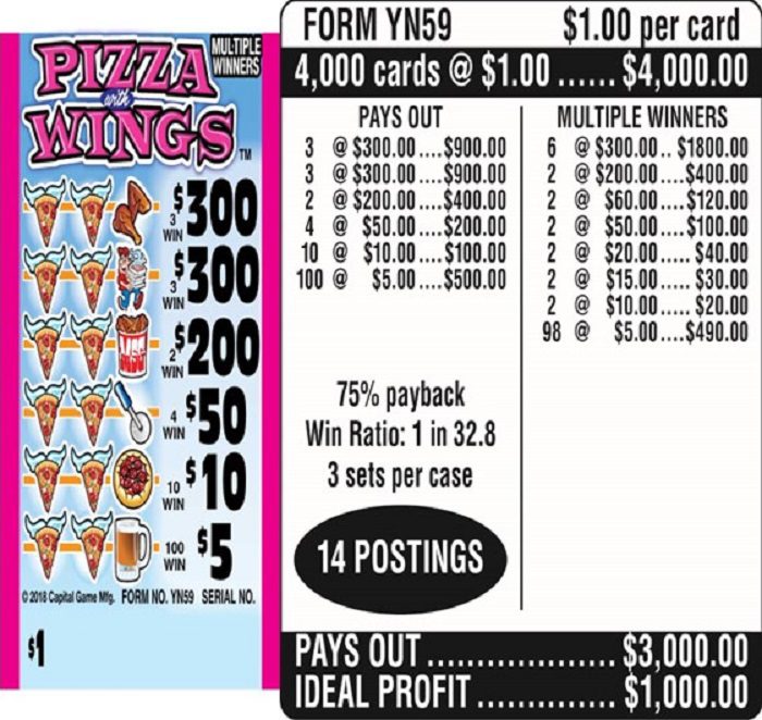 $1.00 Instant Ticket – $300 TOP ($5 Bottom) – Form # YN59 Pizza With Wings (3-Window)