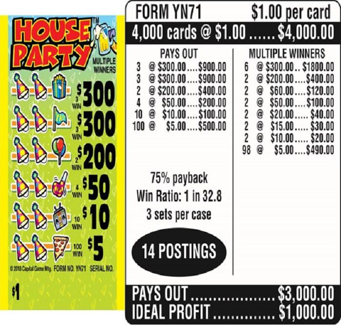 $1.00 Instant Ticket – $300 TOP ($5 Bottom) – Form # YN71 House Party (3-Window)
