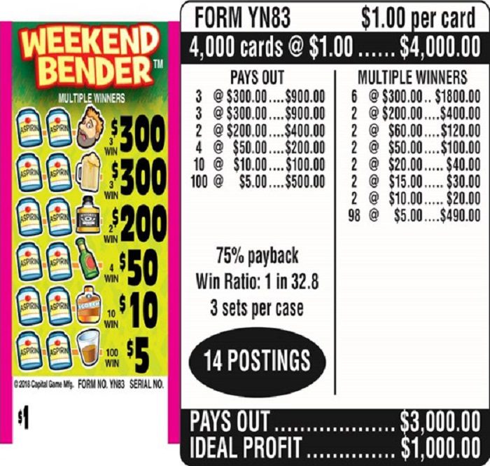 $1.00 Instant Ticket – $300 TOP ($5 Bottom) – Form # YN83 Weekend Bender (3-Window)