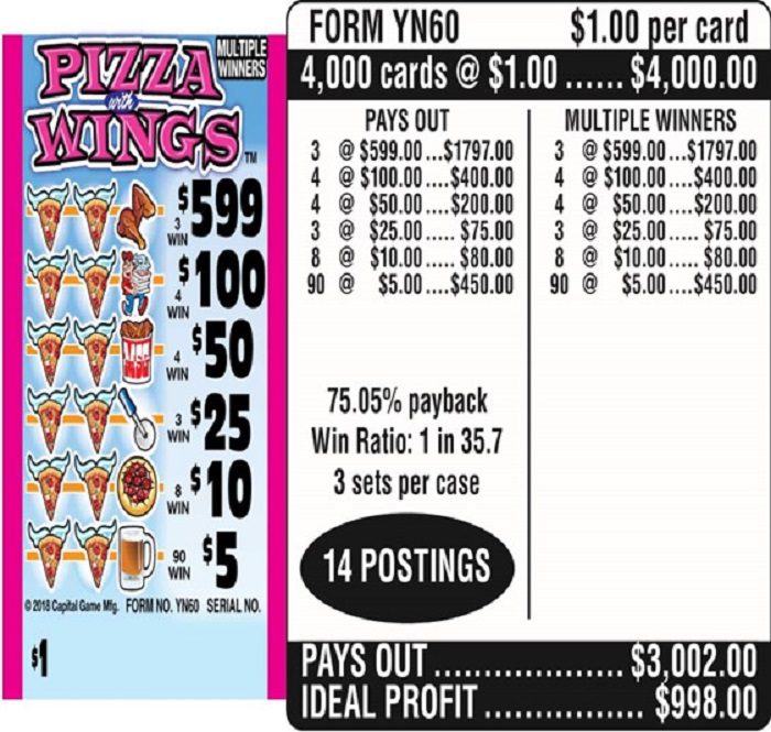$1.00 Instant Ticket – $599 TOP ($5 Bottom) – Form # YN60 Pizza With Wings (3-Window)