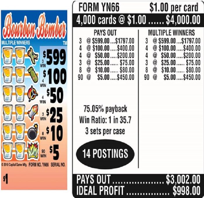 $1.00 Instant Ticket – $599 TOP ($5 Bottom) – Form # YN66 Bourbon Bomber (3-Window)