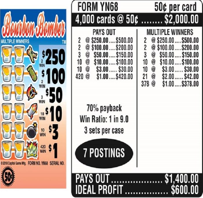 $0.50 Instant Ticket – $250 TOP – Form # YN68 Bourbon Bomber $0.50 Ticket (3-Window)