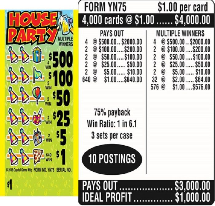 $1.00 Instant Ticket – $500 TOP ($1 Bottom) – Form # YN75 House Party (3-Window)