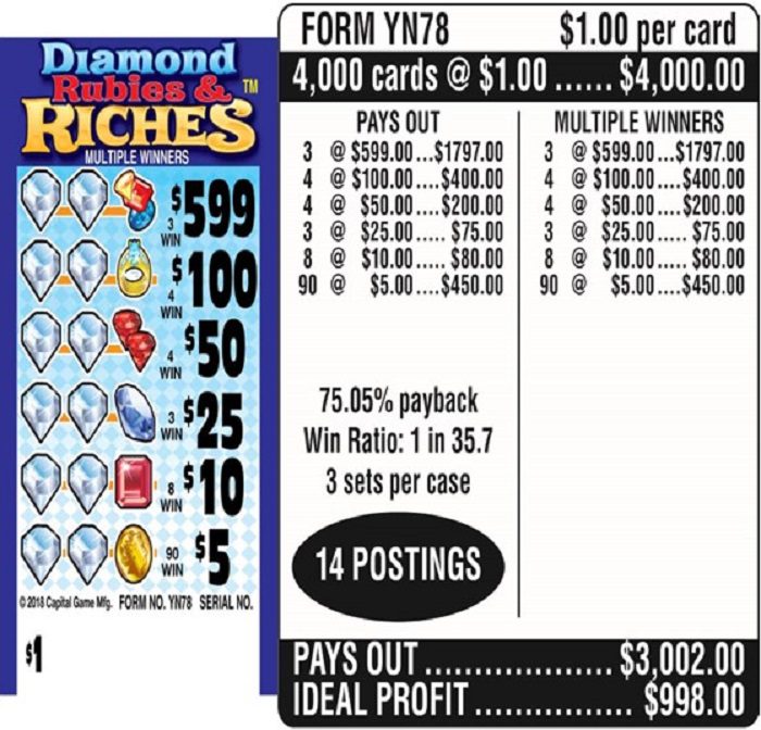 $1.00 Instant Ticket – $599 TOP ($5 Bottom) – Form # YN78 Diamond, Rubies, & Riches (3-Window)