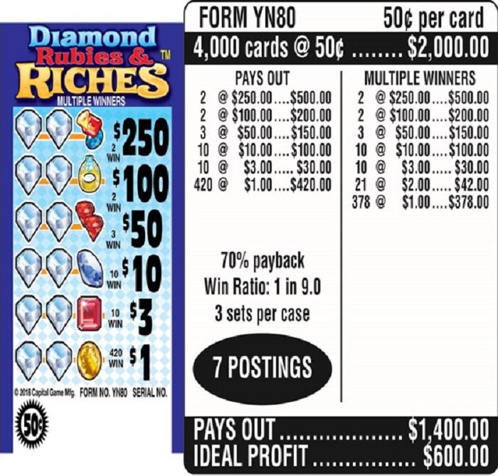 $0.50 Instant Ticket – $250 TOP – Form # YN80 Diamond, Rubies, & Riches $0.50 Ticket (3-Window)