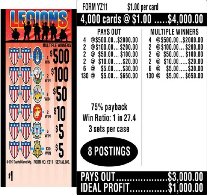 $1.00 Instant Ticket – $500 TOP ($5 Bottom) – Form # YZ11 Legions (3-Window)