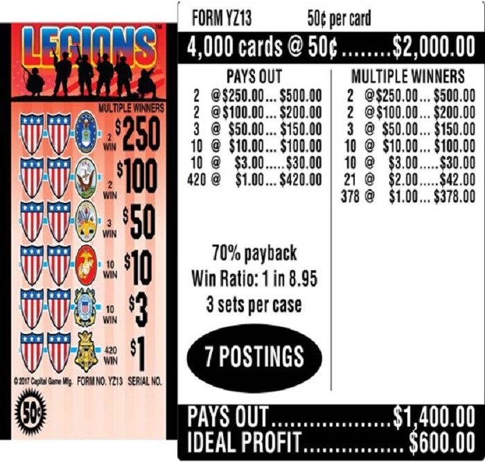 $0.50 Instant Ticket – $250 TOP – Form # YZ13 Legions $0.50 Ticket (3-Window)