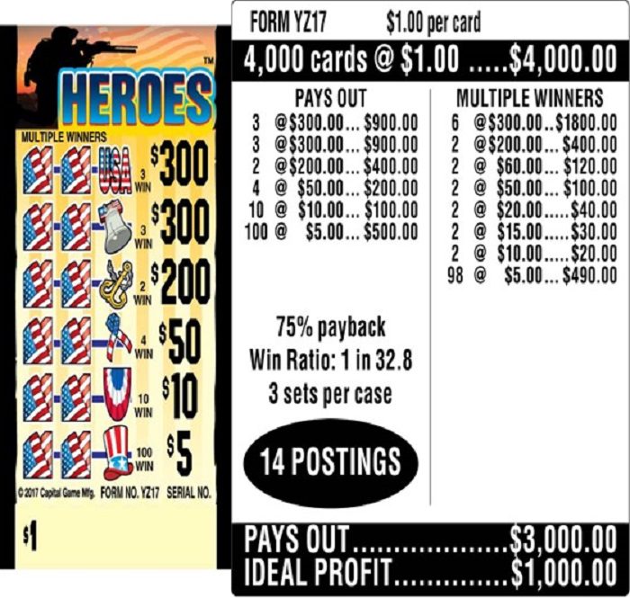 $1.00 Instant Ticket – $300 TOP ($5 Bottom) – Form # YZ17 Heroes (3-Window)