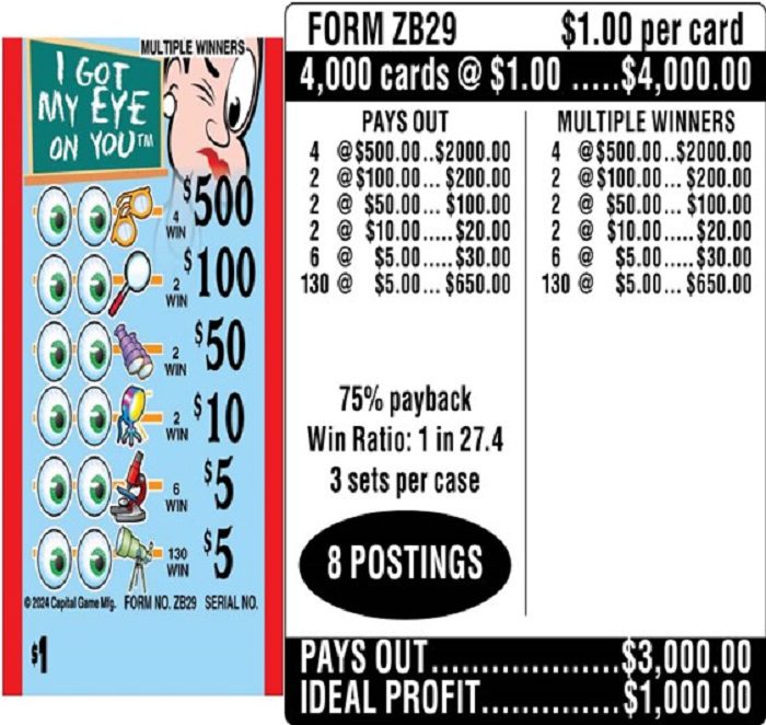 $1.00 Instant Ticket – $500 TOP ($5 Bottom) – Form # ZB29 I Got My Eye On You (3-Window)