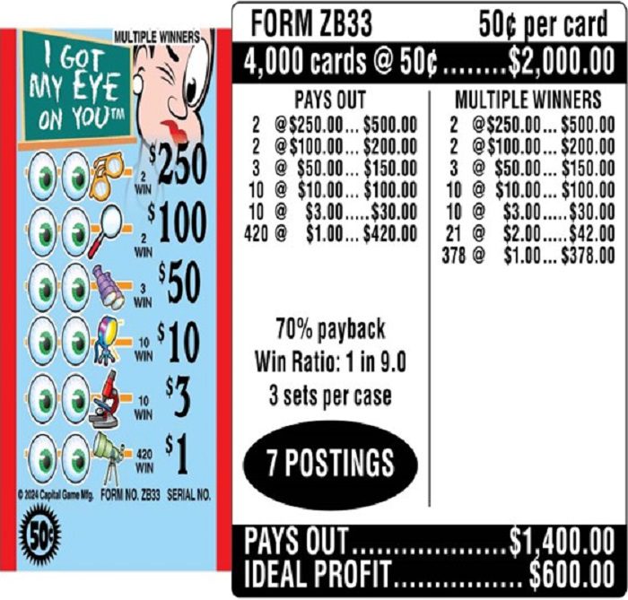 $0.50 Instant Ticket – $250 TOP – Form # ZB33 I Got My Eye On You $0.50 Ticket (3-Window)